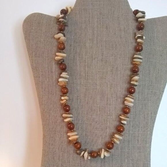 Vintage Mixed Natural Stone Chip & Wood Bead Necklace - Picture 1 of 5